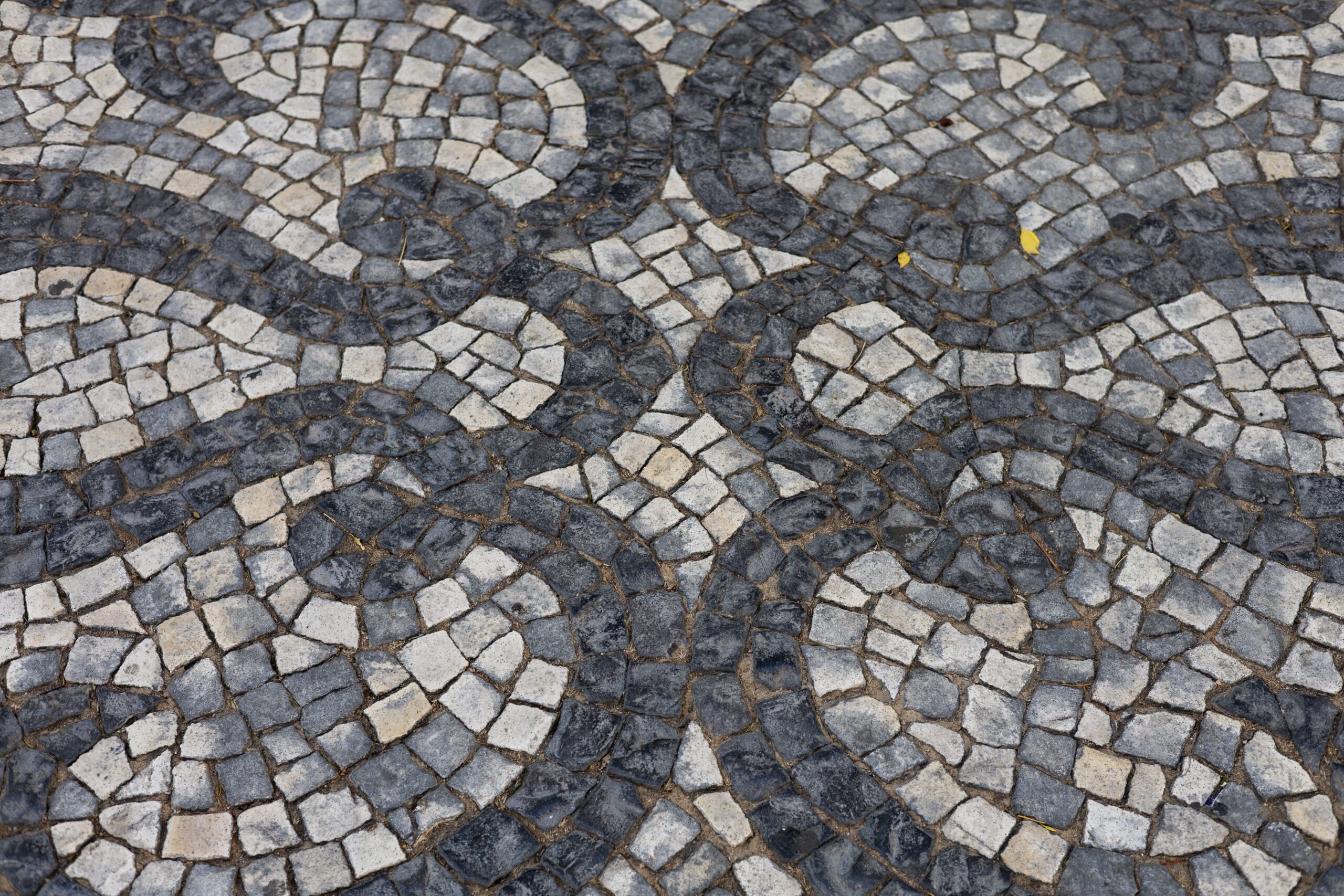Close-up of traditional Portuguese pavement design in Loulé, Portugal. Gray and white stones create an artistic pattern.